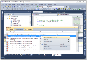 The Show IntelliSense Errors toggle in the Visual Studio error list.
